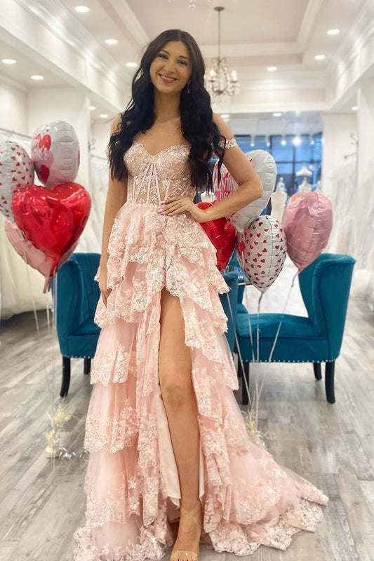 Pink A-Line Off The Shoulder Tiered Prom Dress      S5161