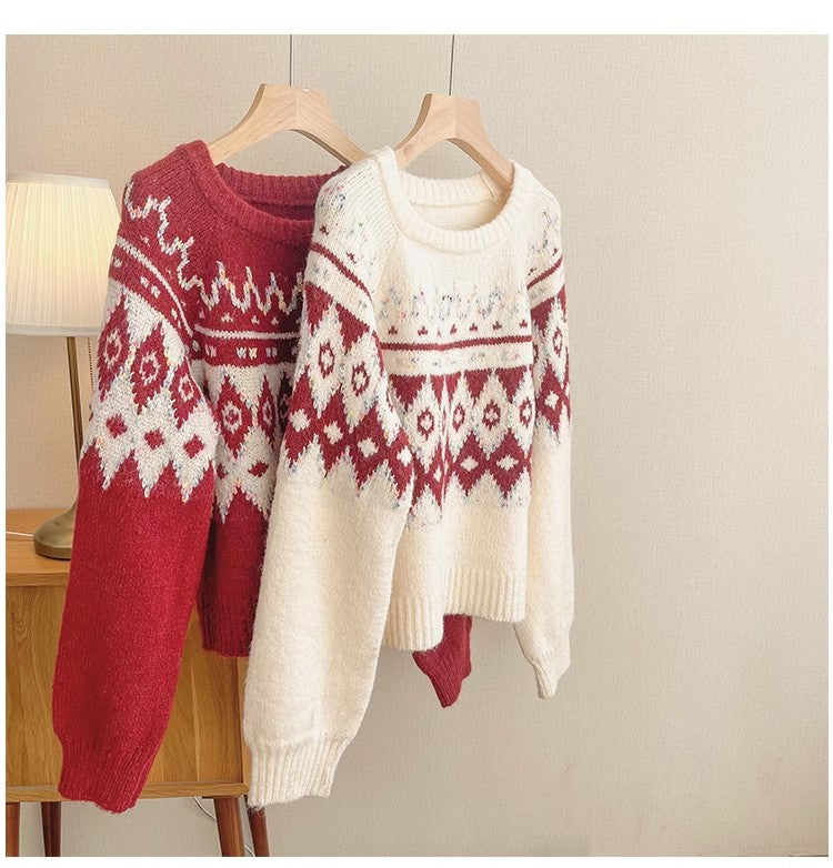 Christmas Jacquard Sweater Women's Round Neck Knitted Top     S4847