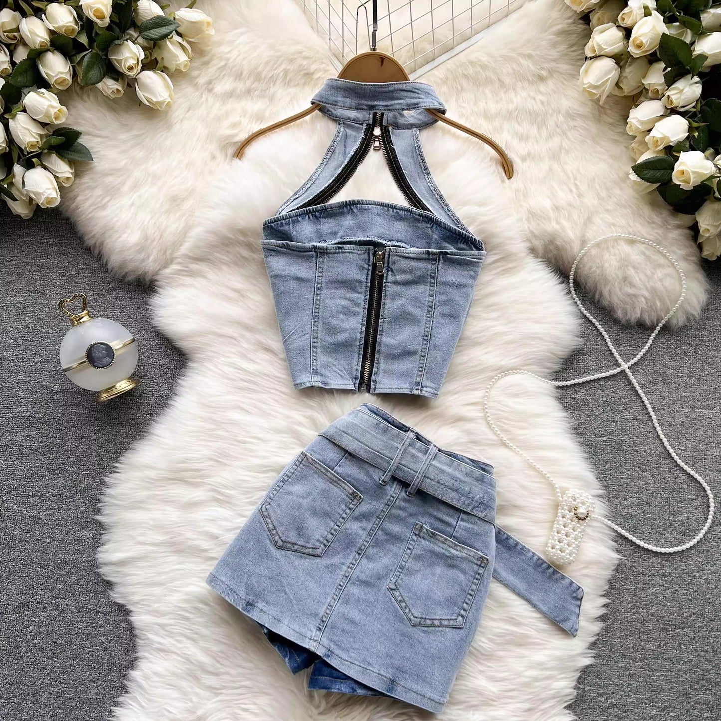 Street hot girl denim suit for women new halter neck short top two-piece set  S4575