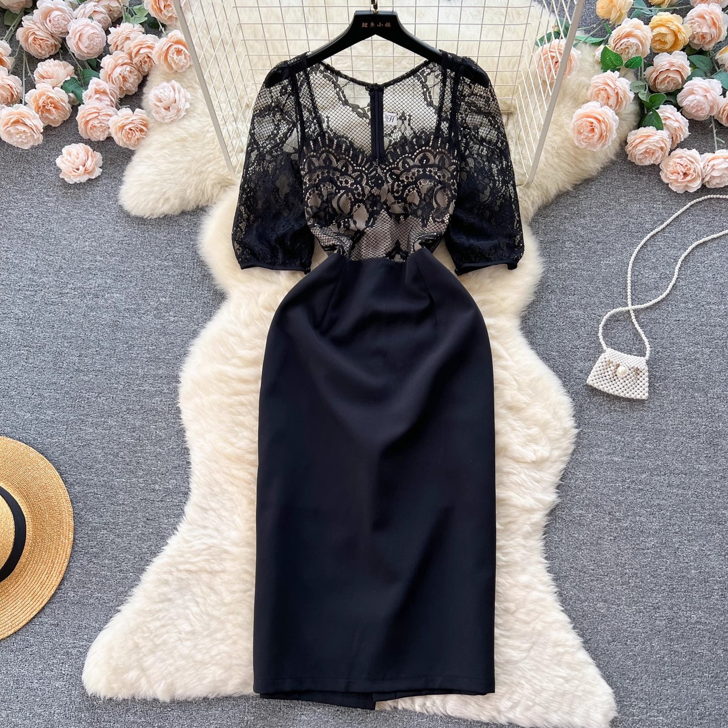 see-through lace black dress women's long skirt    S4657