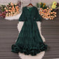 French retro pleated V-neck dress, summer puff sleeves skirt      S5039