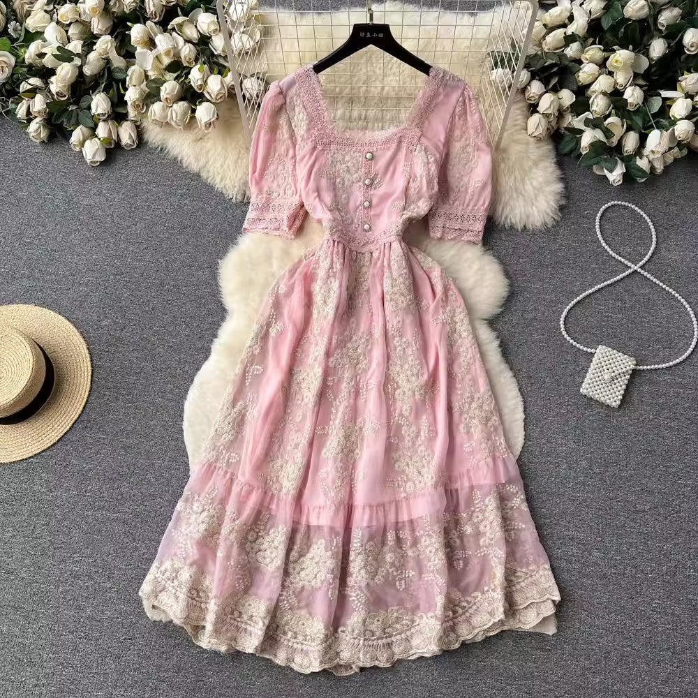 retro style dress for women lace embroidery square neck sweet princess dress     S4613