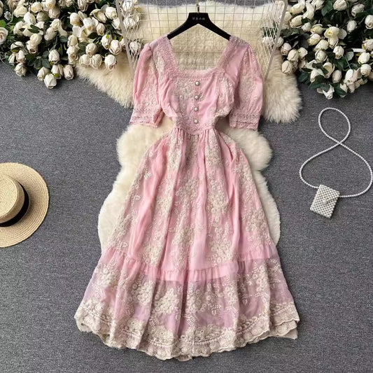 retro style dress for women lace embroidery square neck sweet princess dress     S4613