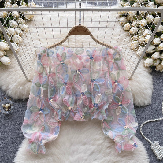 long-sleeved flower mesh shirt for women chic top    S4656