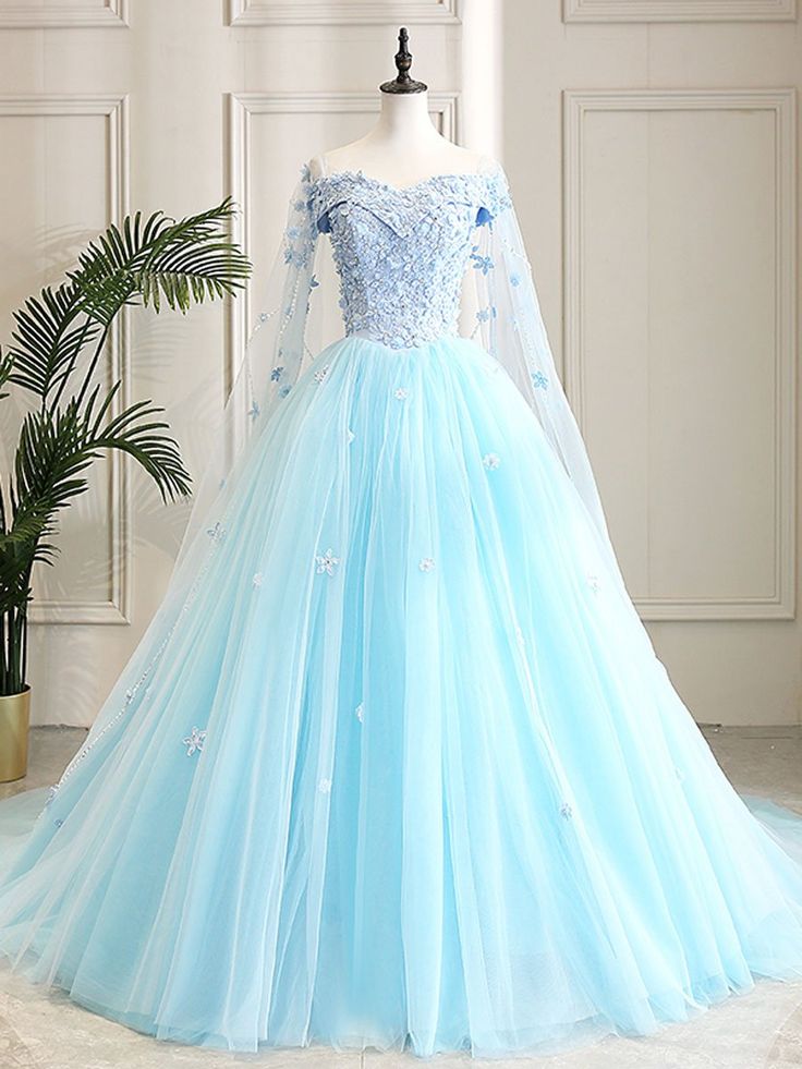 Blue Sweetheart Neck Tulle Lace Long Prom Dress, Blue Evening Dress      S5099