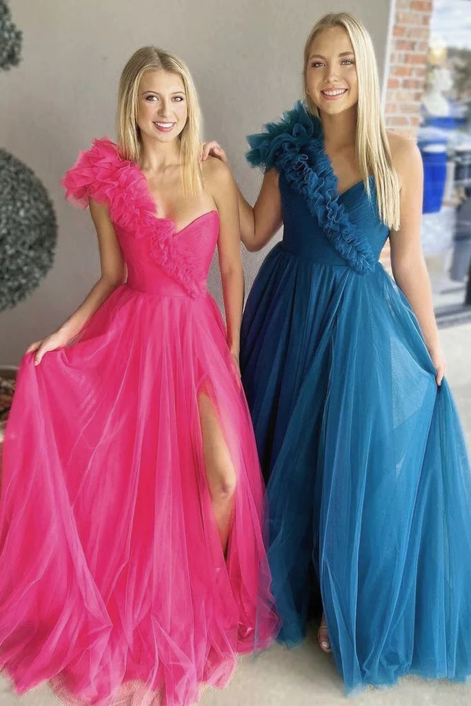 A Line Pink One Shoulder Tulle Prom Gown with Slit, New Arrival Women Dress       S5082