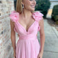 Lace-Up V-Neck Ruffle Pleated Long Prom Dress     S5141