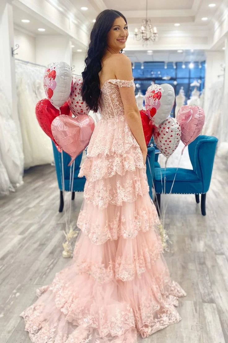 Pink A-Line Off The Shoulder Tiered Prom Dress      S5161