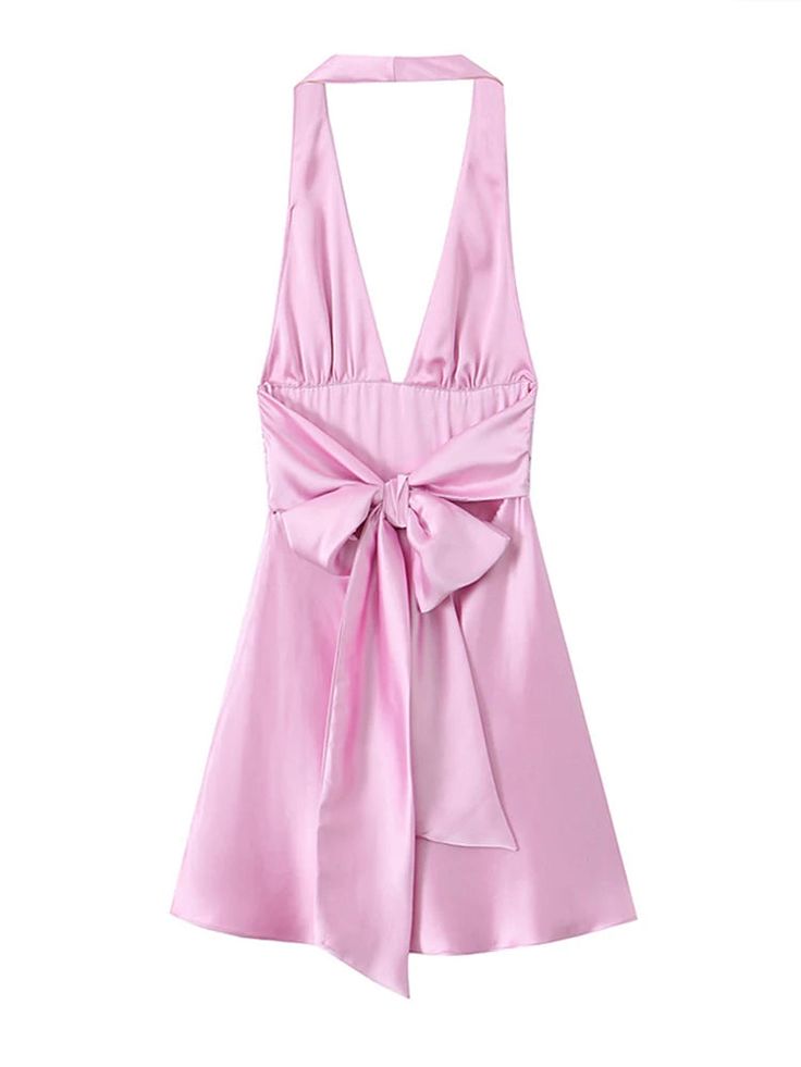 Satin Halter Mini Dress Women Backless Sleeveless Pink Party Dresses   S5335