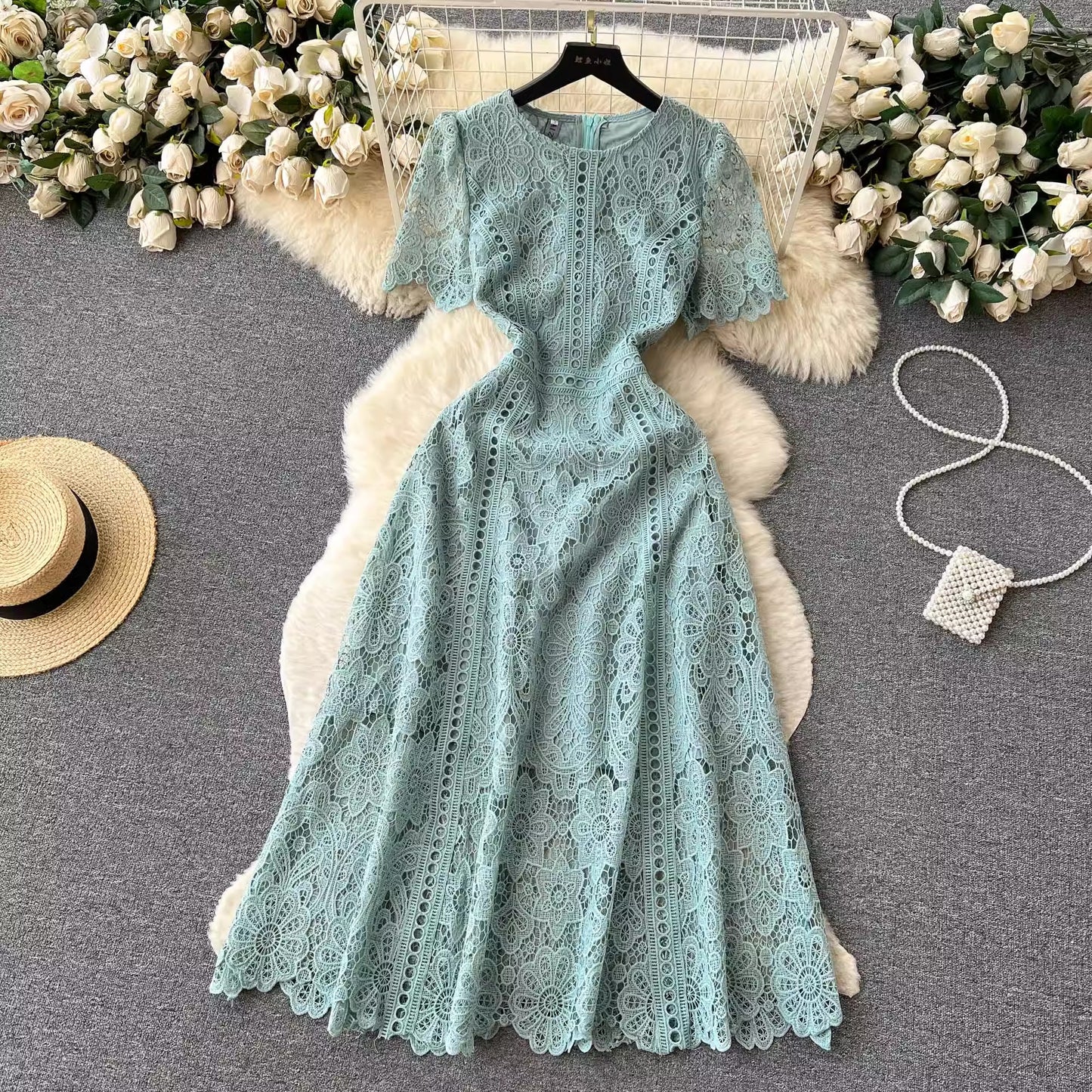 round neck ruffle sleeve lace dress women's new elegant long skirt    S4554