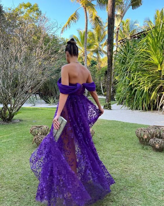 Purple A-Line Off Shoulder Floral Long Prom Dress Party Dress    S5337