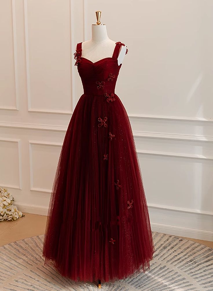 A-Line Tulle Sweetheart Straps Long Formal Dress, Wine Red Evening Dress Prom Dress        S5177