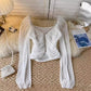 design beaded off-shoulder lantern sleeve shirt top women's short pleated top    S4662