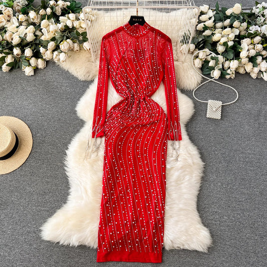 outfits for women beading rhinestones mesh see-through dress with suspender skirt      S4596