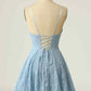 A-line V Neck Lace-Up Back Lace Mini Homecoming Dress       S5077