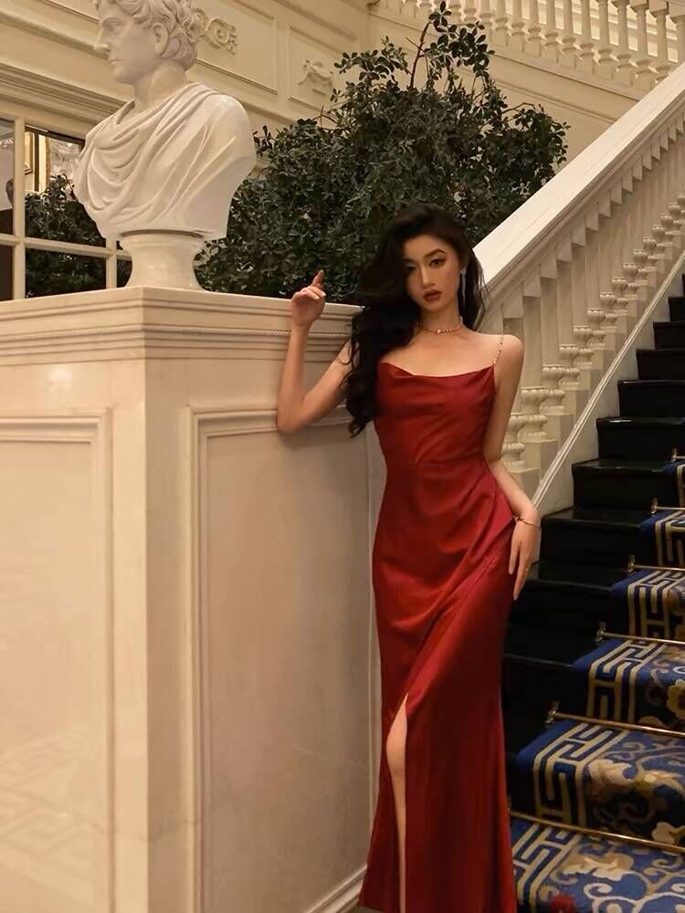 Sexy red high split side long evening prom dress     S2601