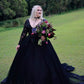 Long Sleeve Black Wedding Dresses Lace Appliques Tulle A Line V-neck Gown      S5196