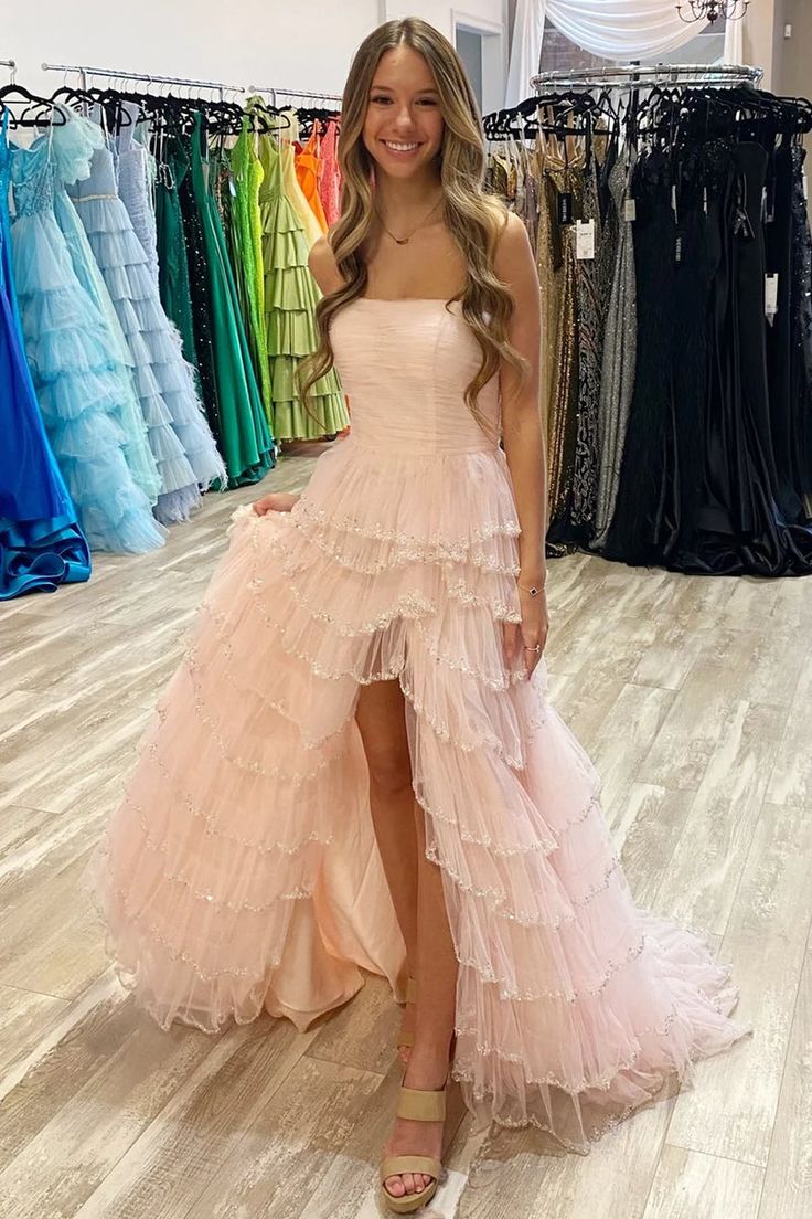 Strapless Layered Tulle Prom Dress with Sequins     S5156