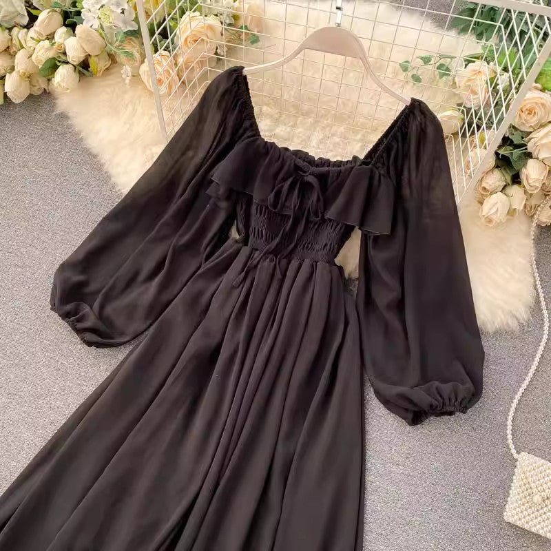 Chic Style Dress New Women's Square Neck Puff Sleeve Chiffon Skirt      S4597