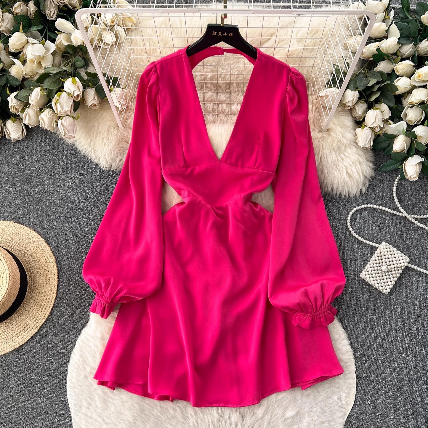 hot girl deep V-neck backless puff-sleeve dress for women party dress      S4588