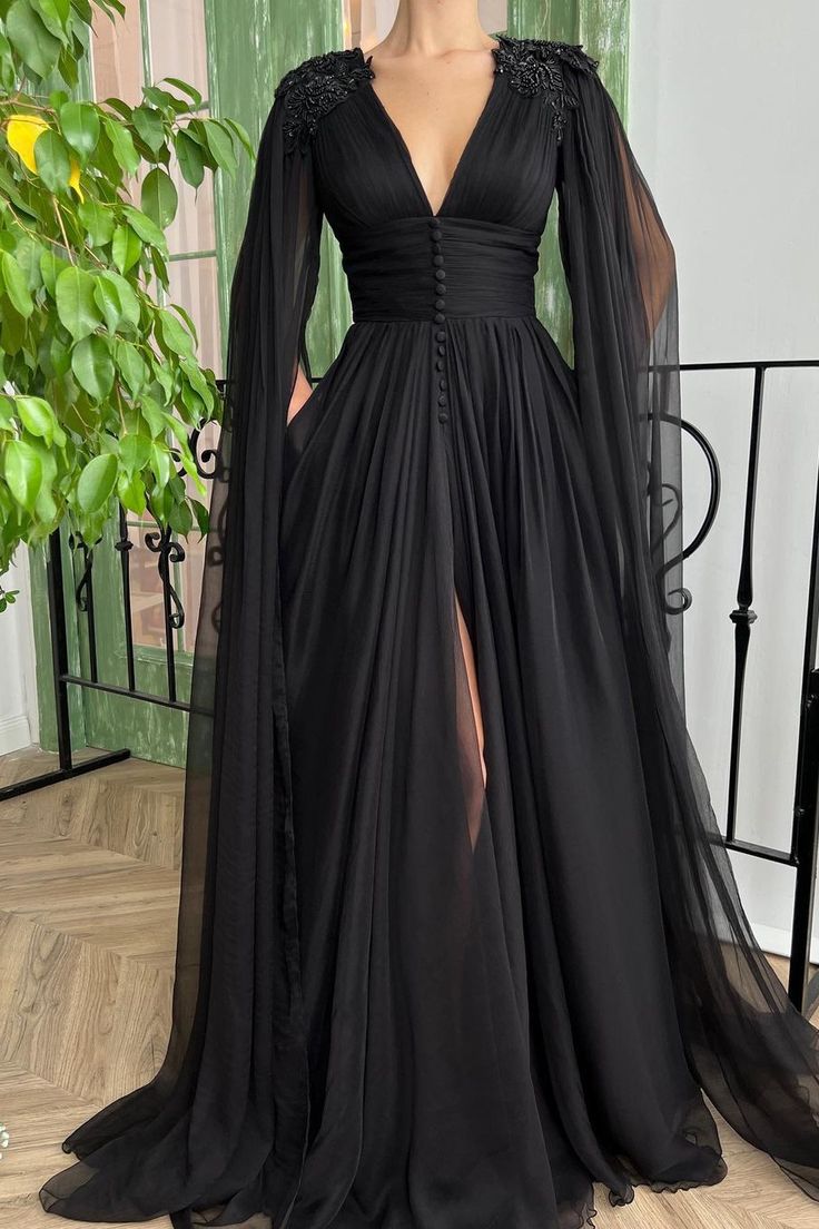 Elegant Black Deep V Neck Tulle Maxi Cocktail Evening Party Dress Front Slit Ruffle Sleeves     S4956