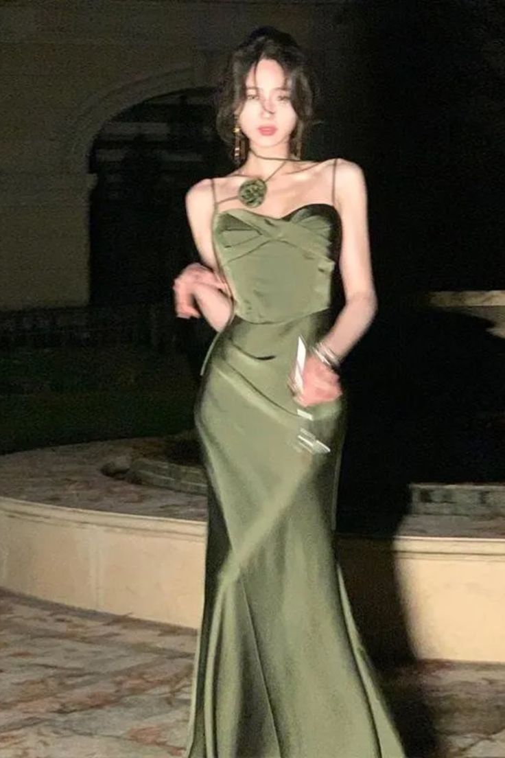 Mermaid Straps Satin Green Prom Dresses Formal Evening Dress      S5244