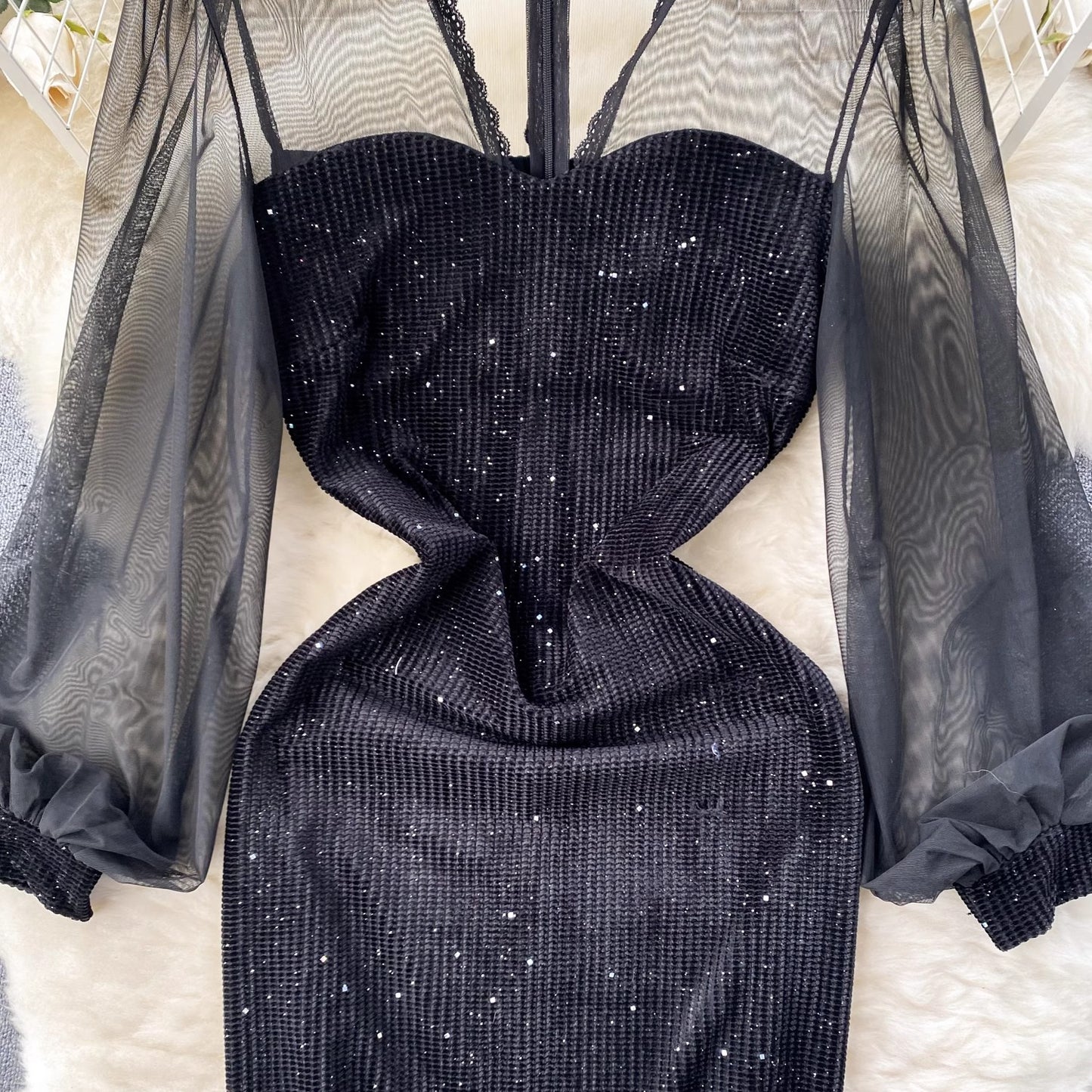 see-through mesh sequin dress women's black dress     S4650