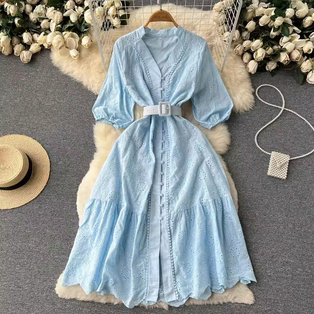 V-neck dress women's puff sleeves ruffle long skirt   S4560