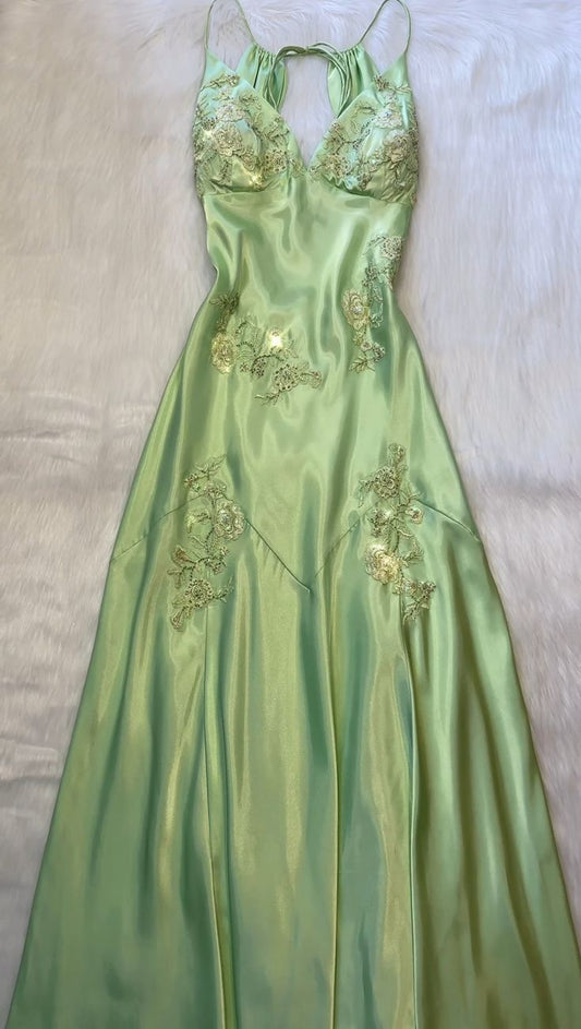 Sage Green Vintage V Neck Beading Long Party Dress      S5243