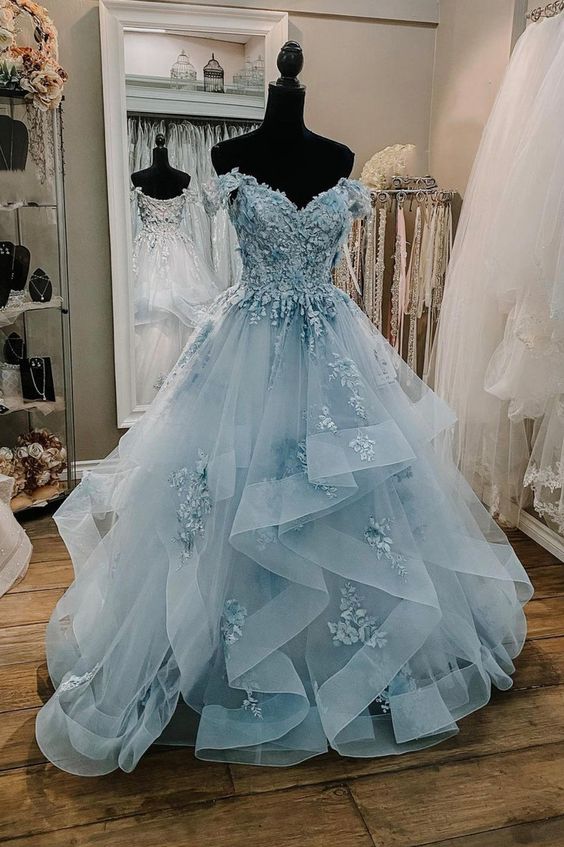 Blue Tulle Lace Long Prom Dresses, Off the Shoulder Evening Dresses     S5086