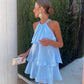 Glitter Summer Short Mini Cocktail Dress Halter Neck Tiered Sexy Party Dress   S5336
