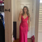 Deep V Neck Hot Pink Long Prom Dresses    S5132