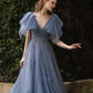 Gray Blue V Neck Tulle Sequin Long Prom Dress, Blue Formal Graduation Dresses    S4955