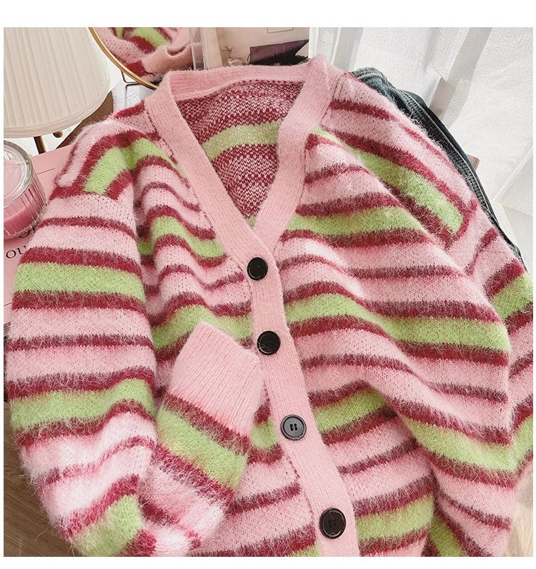 striped long-sleeved sweater jacket for women new soft knitted cardigan    S4919