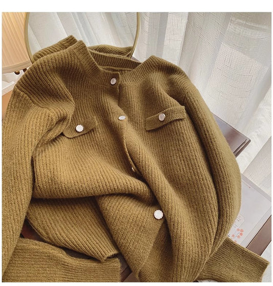 Round neck knitted cardigan for women design soft long-sleeved sweater jacket      S4914