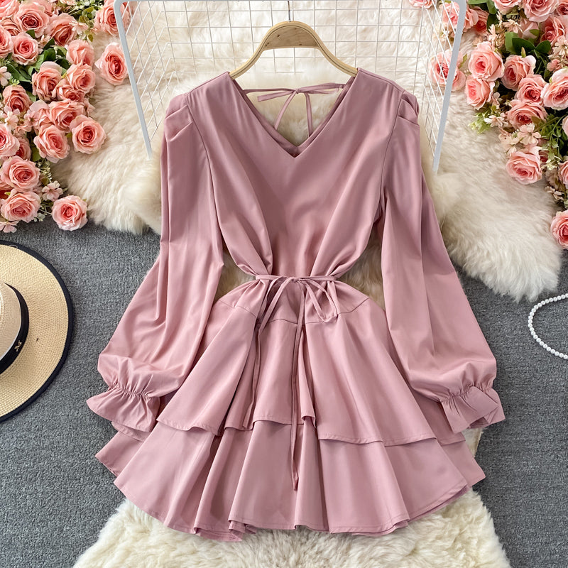 Cute V Neck Long Sleeve Dress Fashion Dress      S4948