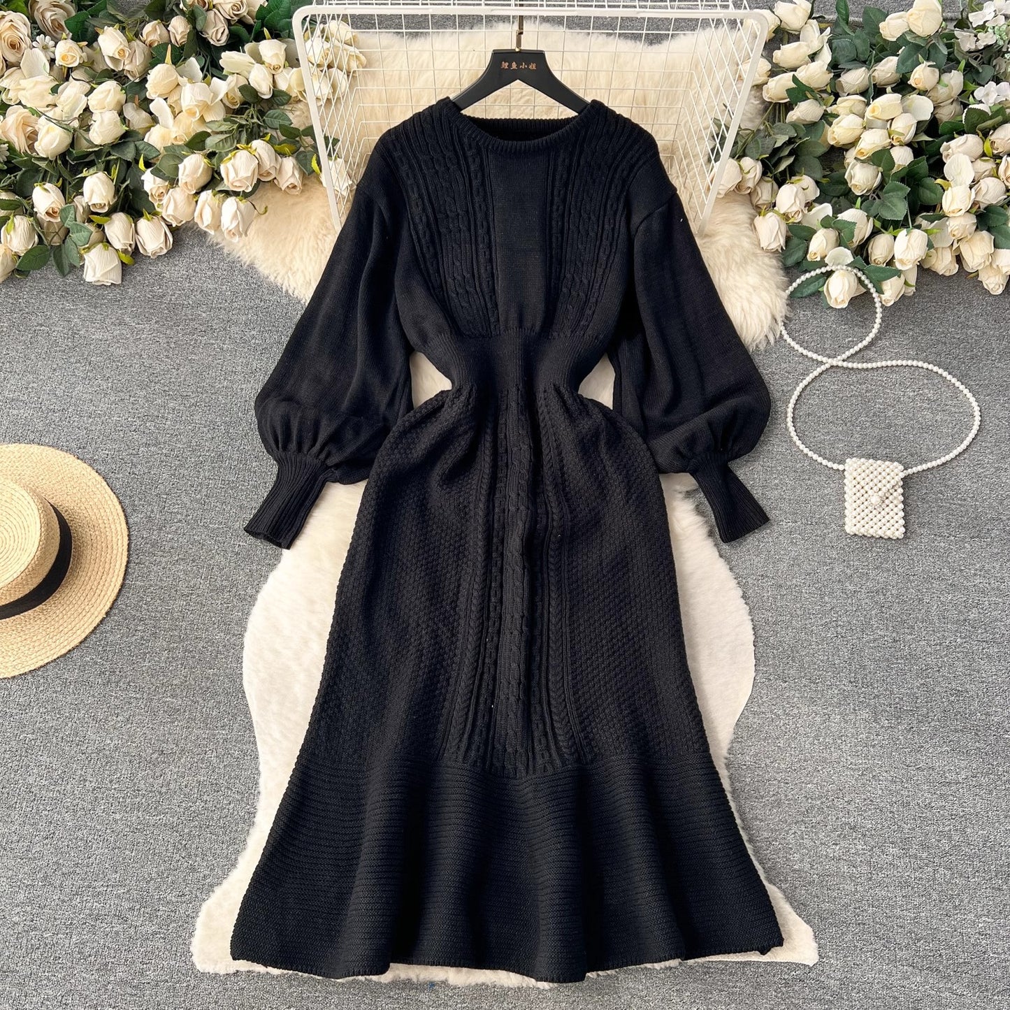 sweater round nec mid-length puff sleeve knitted dress     S4507