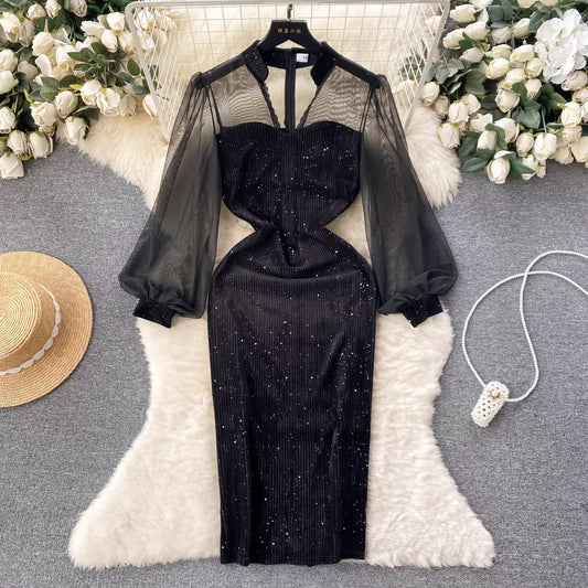 see-through mesh sequin dress women's black dress     S4650