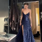 Sparkly Navy Blue Sequins Mermaid V-neck Long Evening Prom Dresses     S5207