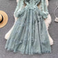 women's lace V-neck mesh puff sleeves A-line long skirt    S4653