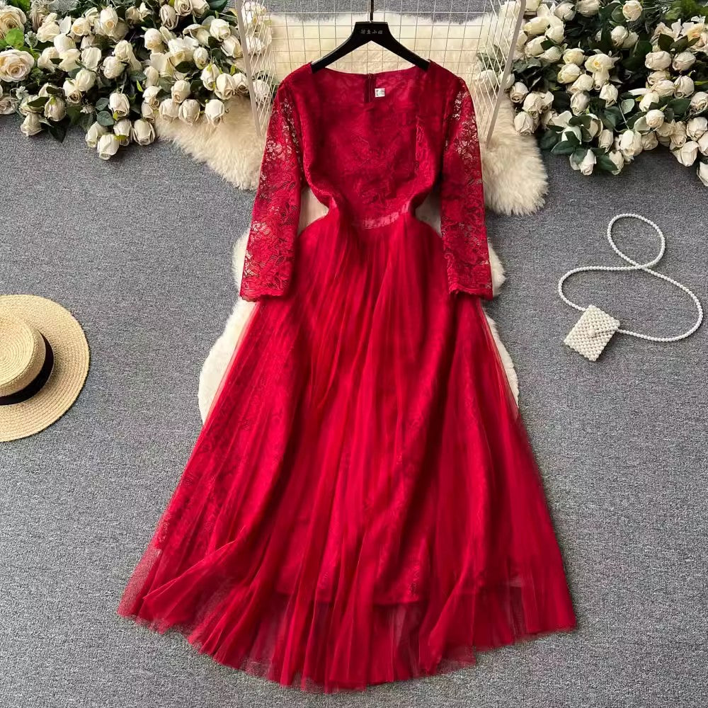 French retro lace dress for women long skirt      S4623