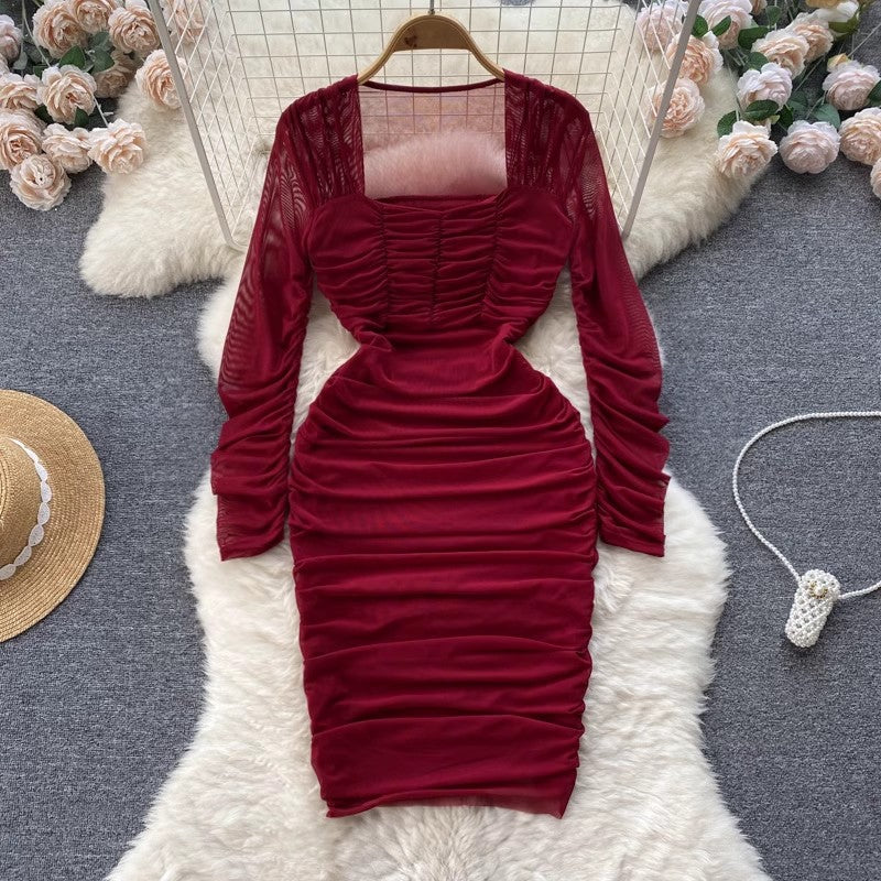 square neck dress hot girl pleated long-sleeved skirt    S4571