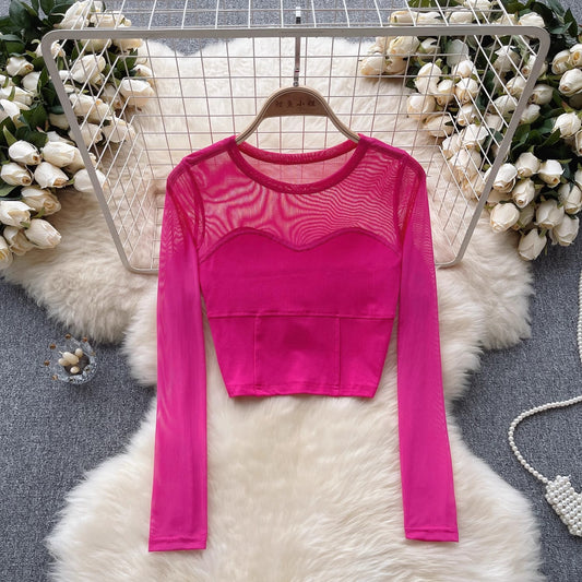 long-sleeved T-shirt for women mesh short design top trendy    S4535