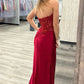 Wine Red Strapless Mermaid Appliques Long Prom Dress with Slit      S5138