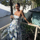 Blue Printed A-Line Strapless Long Prom Dress        S5300