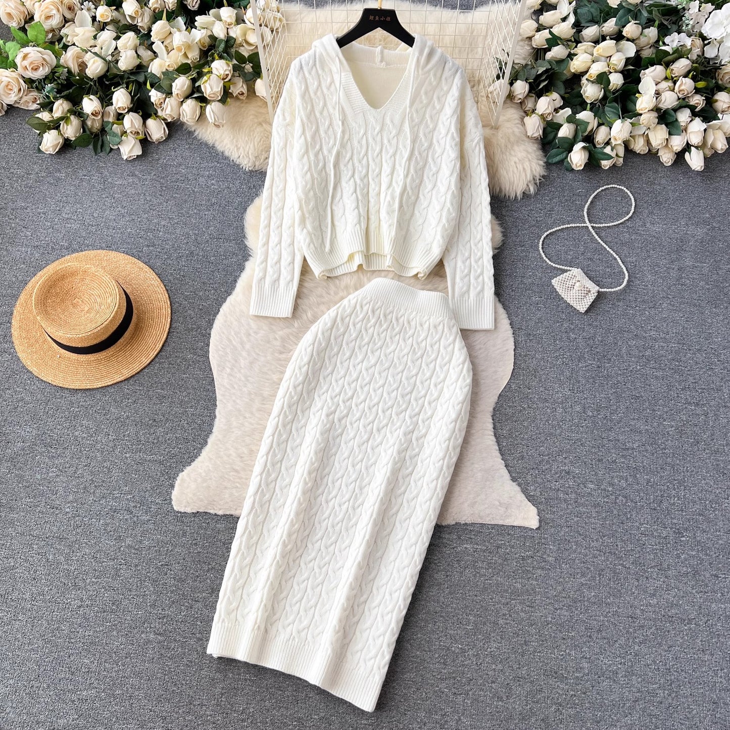 sweater suit for women casual top, mid-length skirt, knitted two-piece skirt     S4629