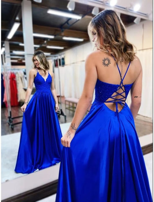 A-Line Prom Dresses Empire Dress Formal Court Train Sleeveless V Neck Satin Backless with Beading Appliques   S4983