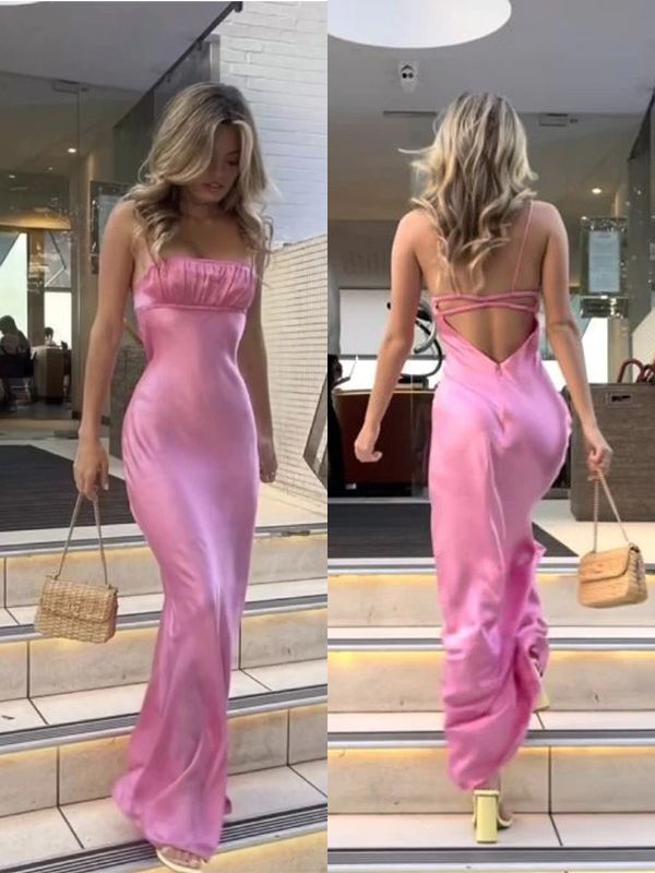 Sexy Pink Mermaid Spaghetti Straps Maxi Long Party Prom Dresses, Evening Dress      S5221