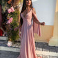 pink chiffon long prom dress, pink evening dress     S4962
