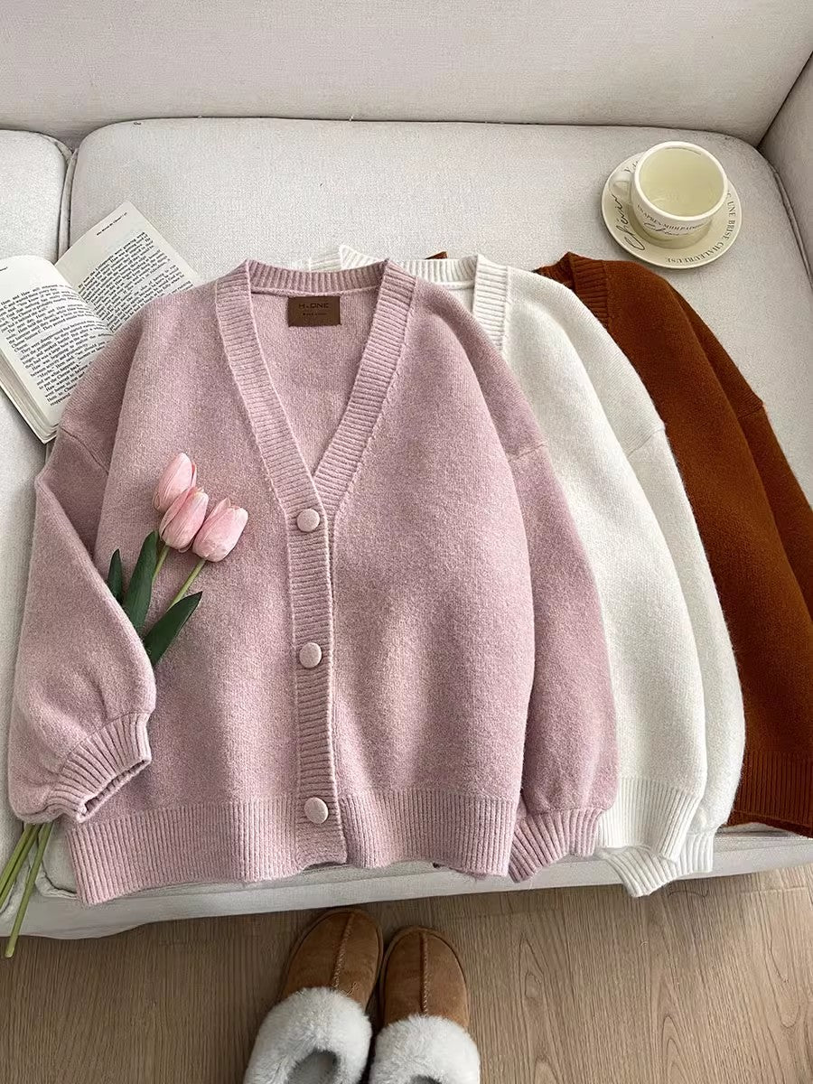 Sweet solid color V-neck knitted cardigan jacket     S4758